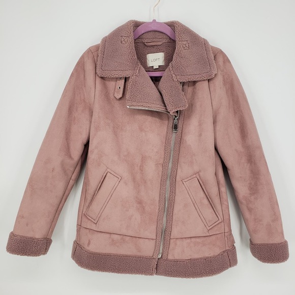 LOFT Faux Suede Aviator Jacket XS Sherpa Moto Asymmetrical Zip Up Mauve Pink - Picture 2 of 10